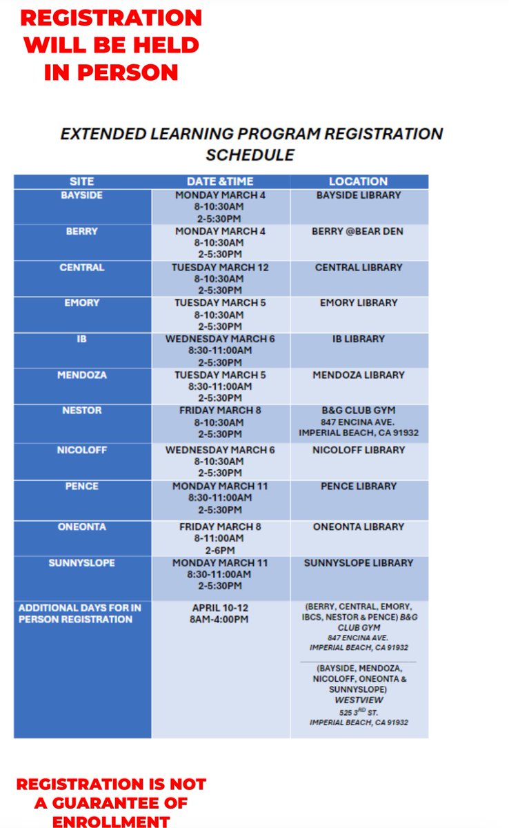 Here’s our schedule of where we will be this week and next for Extended Learning - Before/After school Program- in person registration. See you soon! ⁦<a href="/SBUSD_NEWS/">SBUSD NEWS</a>⁩ ⁦<a href="/Supt_SBUSD/">Jose A. Espinoza</a>⁩