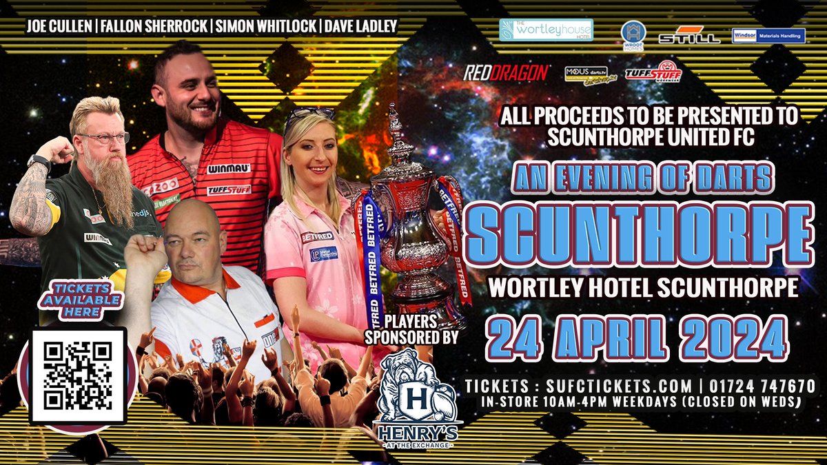 SUFCOfficial's tweet photo. 🎯 DARTS NIGHT

Scunthorpe United presents an evening of darts at the Wortley House Hotel on Wednesday, April 24th, with Joe Cullen, Fallon Sherrock, Simon Whitlock and Dave Ladley (sponsored by Henry's at the Exchange) all part of the event 👉 https://t.co/E8lnbDiI7R

General admission tickets, and VIP meet and greet, are now available online (https://t.co/CyJAb287fz), and will be available via our ticket office from tomorrow morning.

#UTI #IRON
