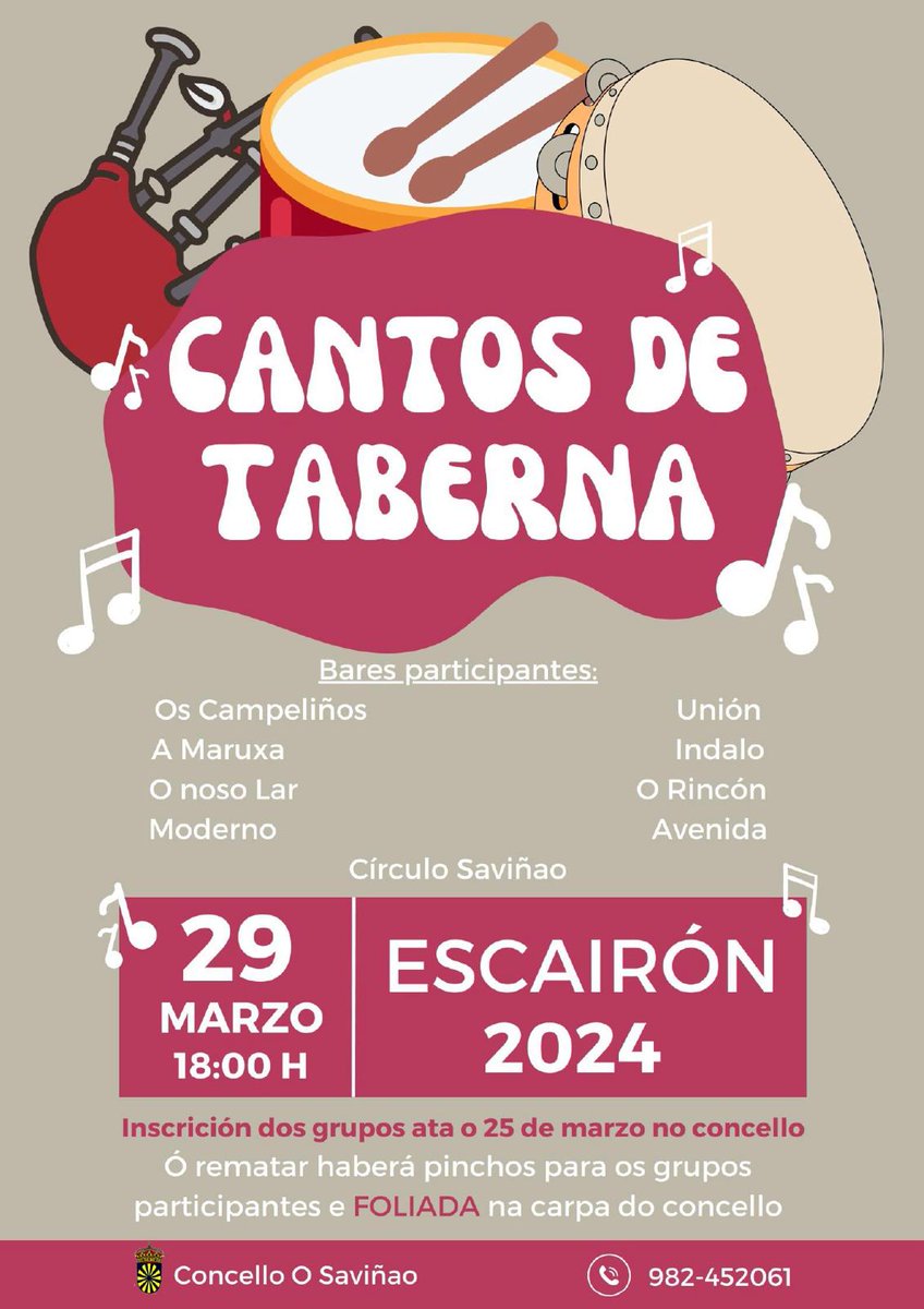 🎼🪇 Chegan os Cantos de Taberna ao Saviñao! O 29 de marzo, a partir das 18:00 horas, vémonos nos bares de Escairón.

📝 Os grupos interesados en inscribirse poden facelo ata o 25 de marzo no concello.
