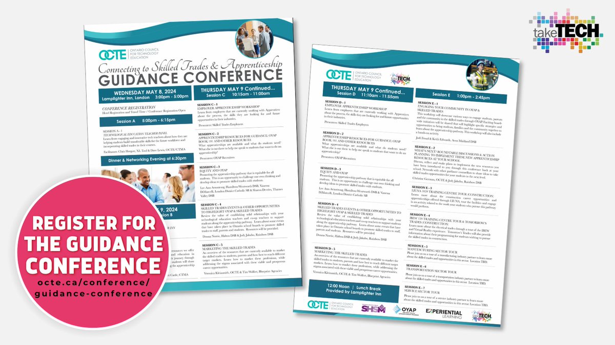 OCTE's Guidance Conference is quickly filling up! This conference is May 8th at 5:00pm - May 9th at 3:00pm, 2024 at the Lamplighter Inn in London. Register today! Agenda: ow.ly/xF1b50QKxpk Registration: ow.ly/Km0i50QKxpl #TakeTech #STEM #SkilledTrades #OYAP #SHSM