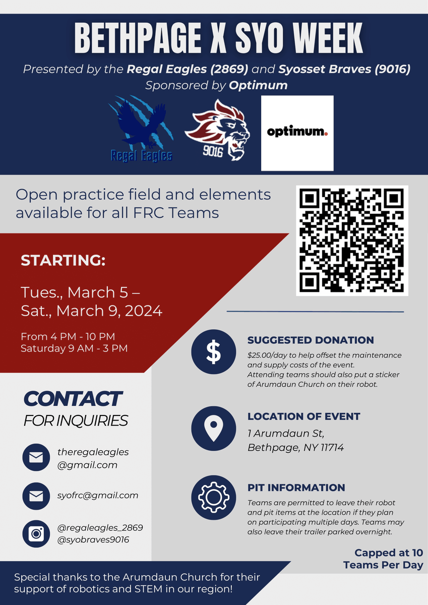 We were excited to see so many of our teams who competed at the Regal Eagle Rampage yesterday. Starting tomorrow with the help of the <a href="/Robotics_BHS/">Regal Eagle Robotics Team 2869</a>, Syosset SuperSsonics, and <a href="/optimum/">Optimum</a>, a field will be available for teams to use.