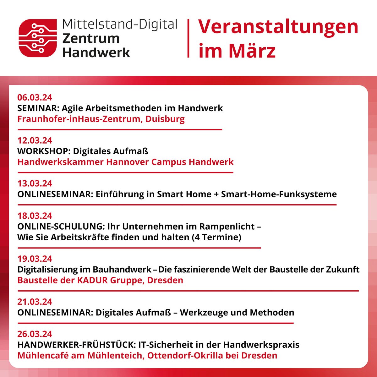 📅 👨‍🔧 👩‍🔧 Unsere neuen #Veranstaltungen für #März sind online. Jetzt anmelden &amp; die Digitalisierung im Betrieb selbst #anpacken! handwerkdigital.de/Veranstaltungen
