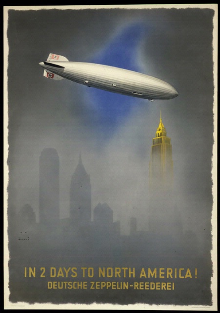 Poster advertising the Hindenburg. On the bottom, there is text that says In 2 Days to North America! 