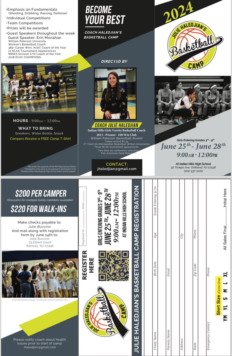 Registration for Julie Haledjian’s Basketball camp is open! June 25th-28th from 9-12pm! You can scan the QR code and sign up virtually or mail it in! <a href="/IHHS_ATHLETICS/">Indian Hills Athletics</a>