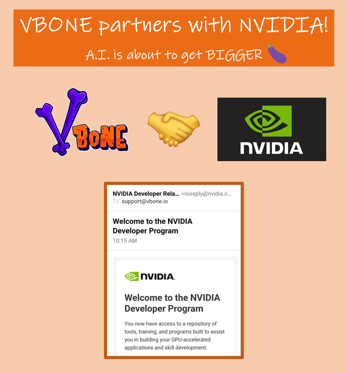 Here's our BIG🍆announcement! VBONE is going AI by partnering with NVIDIA, the world's largest AI company! Join the VBONERS DAO to learn more and play with our latest AI tools. 

#AI #memecoins $VBONE #NVIDIA