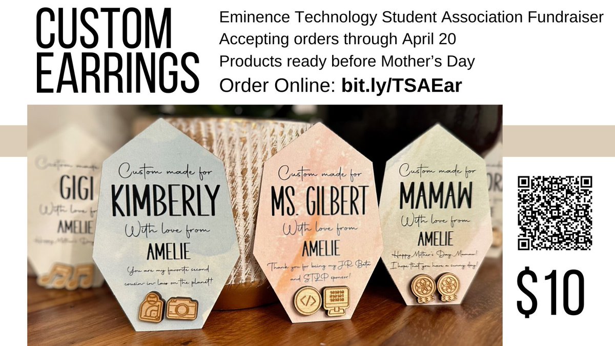 Consider ordering custom earrings to support the Eminence Technology Student Association!  bit.ly/TSAEar
