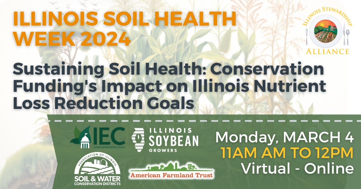 🚀It's launch day for #ilsoilhealthweek! At 11am join the Alliance, @AISWCD, @ilenviro, @ILSoybean, & @Farmland as they review legislation on the table that provides long term $$$ IL needs to protect soil, water, & climate. Register here: secure.everyaction.com/ZLuL3F3V60emXL…