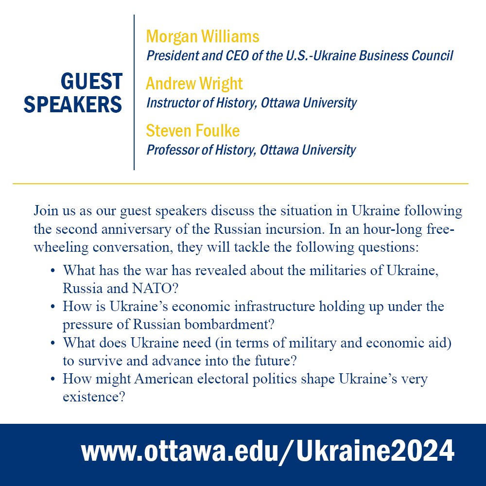 Join us for an hour-long discussion following the second anniversary of the Russian incursion.
 
ottawa.edu/Ukraine2024