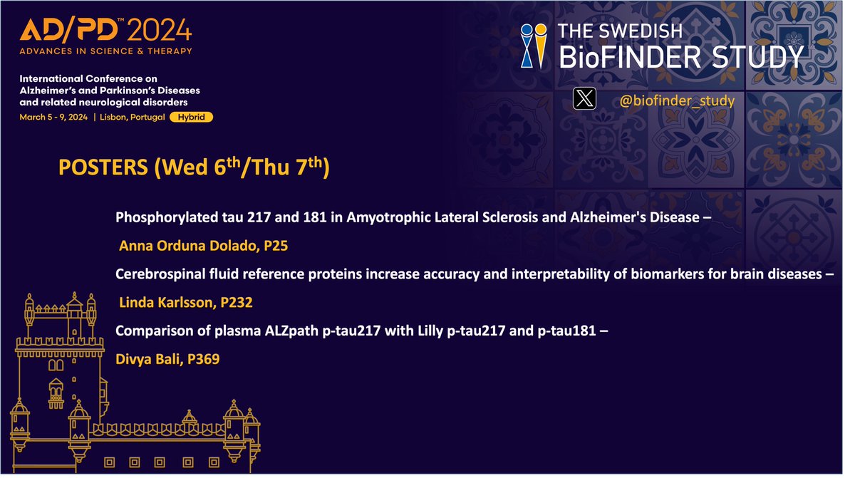 If you're joining 🇵🇹#ADPD2024🧠 this week, don't miss the BioFINDER posters and presentations! #Plasma #asynuclein #ALS #MachineLearning #TauPET #PrimaryCare #SVD #proteomics #sexDifferences #ptau #CSF #biomarkers #Alzheimer and many other topics! 🩸🧬♀️♂️🩺💉