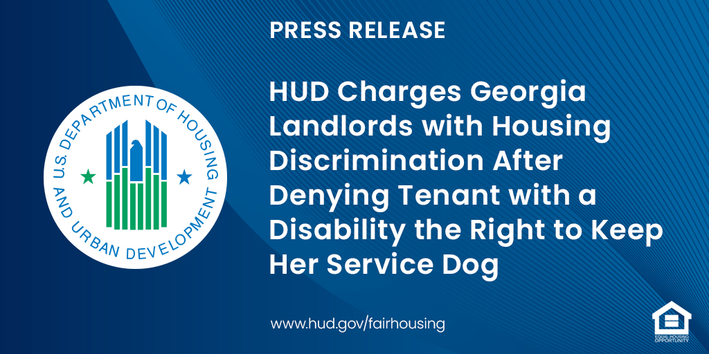 📣 Big News in #FairHousing! @HUDgov charges Georgia landlords with housing discrimination after denying a tenant with a disability the right to keep her service dog. 🌐Explore more: bit.ly/3TiZmzA. #HUDUpdate
