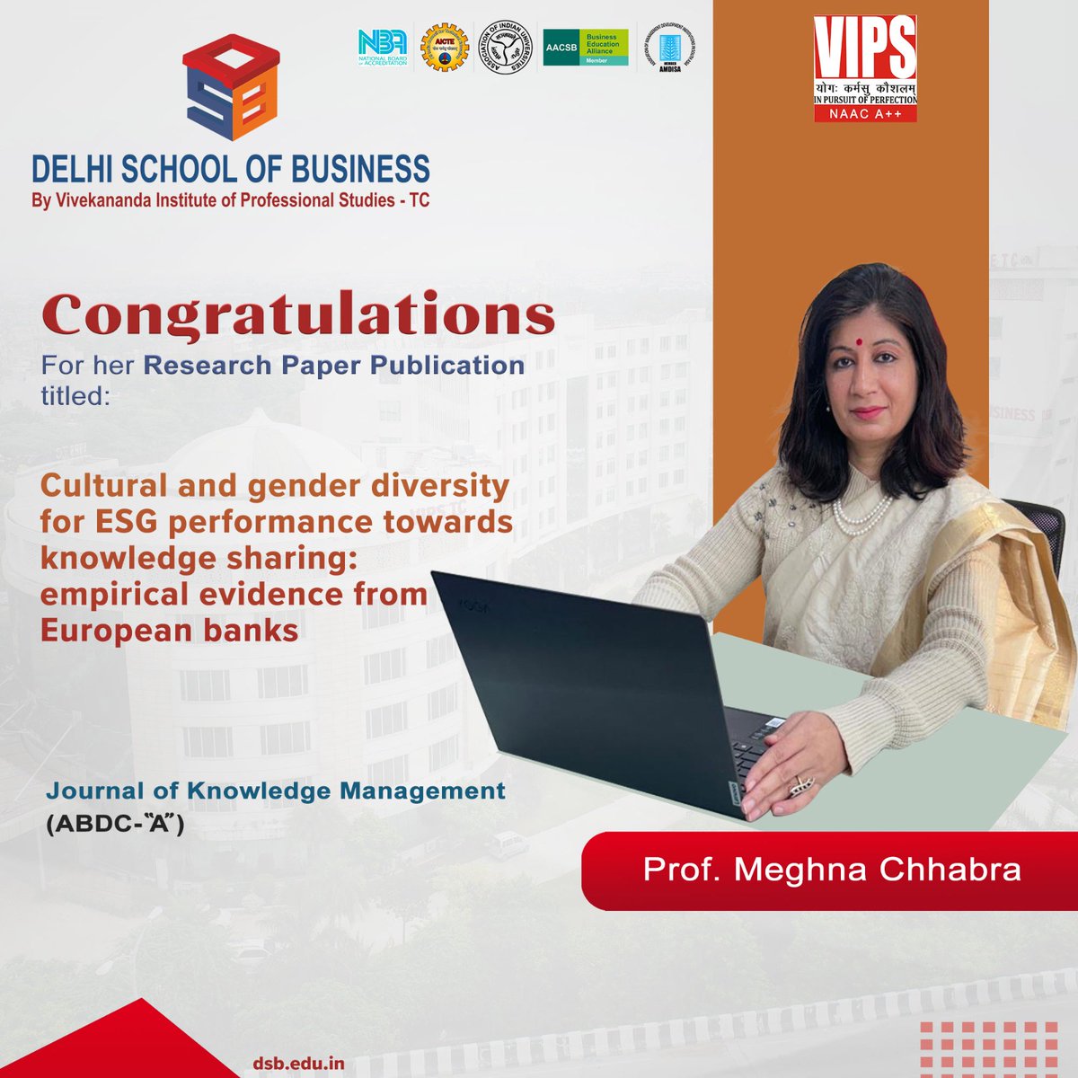 Congratulations to Prof. Meghna Chhabra for her successful research paper publication titled 'Cultural & Gender Diversity for ESG Performance Towards Knowledge Sharing: Empirical Evidence from European Banks' in the Journal of Knowledge Management. #DSBResearch #Blockchain #MBA