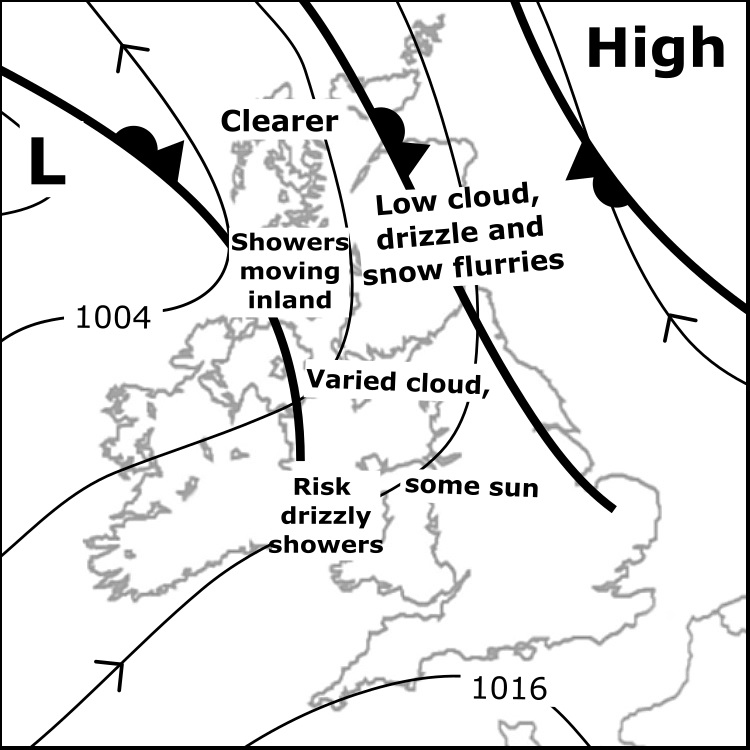 Tue 5/3: Upland gales for Highlands, easing slowly. Weak fronts drifting NE'wards bring patchy drizzly rain or hill snow flurries. Showery rain/snow tops moves into western Scotland. Clearest in the far north. Variable cloud and some sun Eng & Wales, a few light showers W Wales.