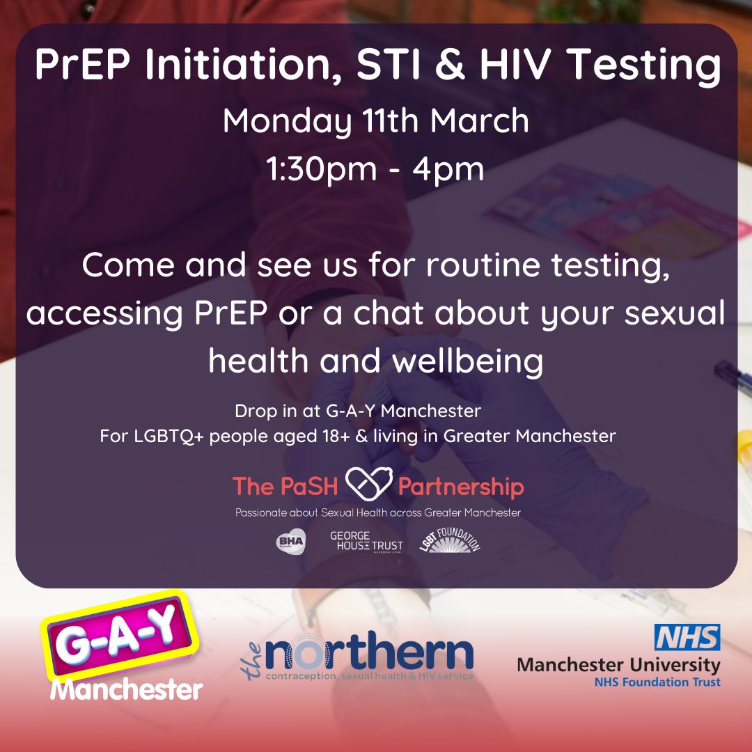 Next Monday 11th March we’re back at @G_A_YManchester 1:30pm - 4pm. Come and see us for a full sexual health screening or to start PrEP just drop in! @LGBTfdn @TheNorthernISH