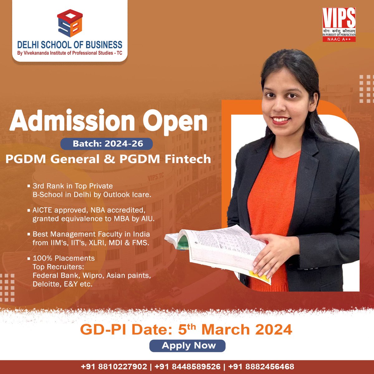 Admissions open at the top B-school in North India! #GD-PI event scheduled for March 5, at DSB (VIPS)! Secure your spot now! Link in bio. Join a community that embraces excellence and empowers you with hands-on skills. #DSBAdmissions #PGDMOpportunities #DSB2024