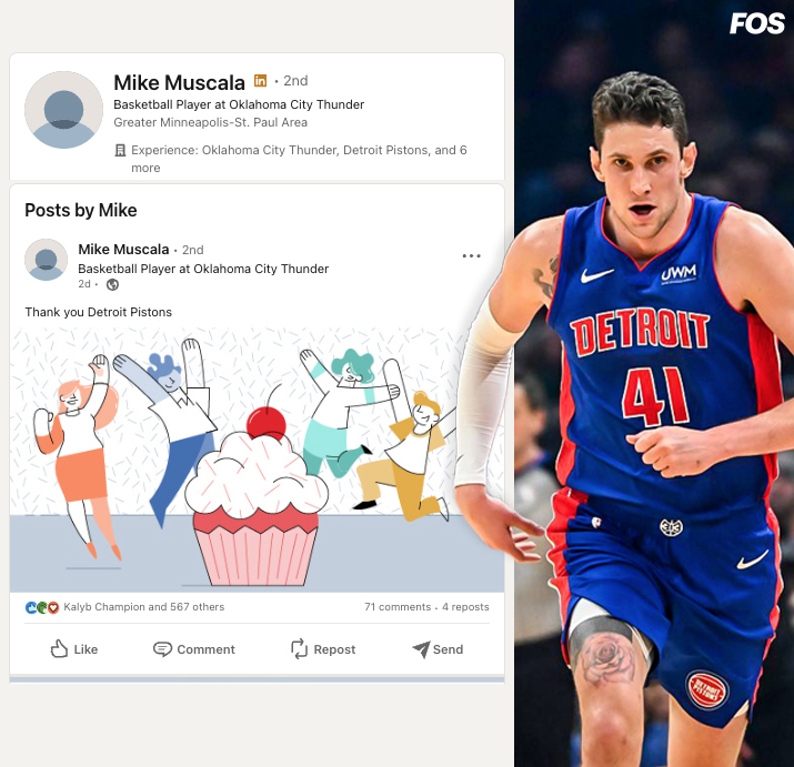 FOS's tweet photo. Even as a 10-year NBA veteran, Mike Muscala continues to update his LinkedIn profile every time he signs with a new team. https://t.co/yOWsq7Keow