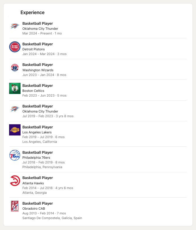 FOS's tweet photo. Even as a 10-year NBA veteran, Mike Muscala continues to update his LinkedIn profile every time he signs with a new team. https://t.co/yOWsq7Keow