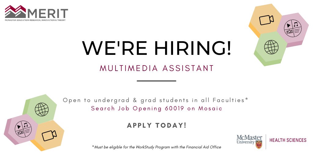 McMaster Education Research, Innovation & Theory (@merit_mcmaster) on Twitter photo Calling all students eligible for the WorkStudy program! <a href="/MERIT_McMaster/">McMaster Education Research, Innovation & Theory</a> is hiring a Multimedia Assistant for the summer (possibility of extension)! This person will design posters, edit videos & other multimedia projects within our unit. Apply by March 24 via Mosaic (JO# 60019) Calling all students eligible for the WorkStudy program! <a href="/MERIT_McMaster/">McMaster Education Research, Innovation & Theory</a> is hiring a Multimedia Assistant for the summer (possibility of extension)! This person will design posters, edit videos & other multimedia projects within our unit. Apply by March 24 via Mosaic (JO# 60019)