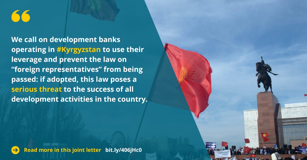 Freedom of expression is key to prevent corruption, to protect human rights, to build a better a future for all.

This is why +15 human rights groups are calling on devt banks to urge the Kyrgyz govt to stop the law on foreign representatives👇

rightsindevelopment.org/news/kyrgyzsta…