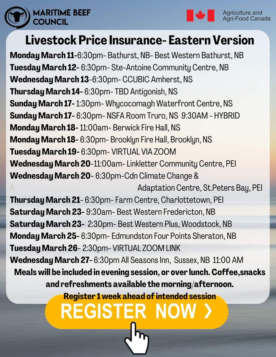 We have some livestock price insurance info sessions scheduled! Register today to sign up for the one near you. <a href="/Maritime_Beef/">MaritimeBeef Council</a>
<a href="/BovinsNBCattle/">NB Cattle Producers</a>
<a href="/NSCattle/">Nova Scotia Cattle Producers</a> <a href="/peicattle/">Prince Edward Island Cattle Producers</a> docs.google.com/forms/u/0/d/e/…