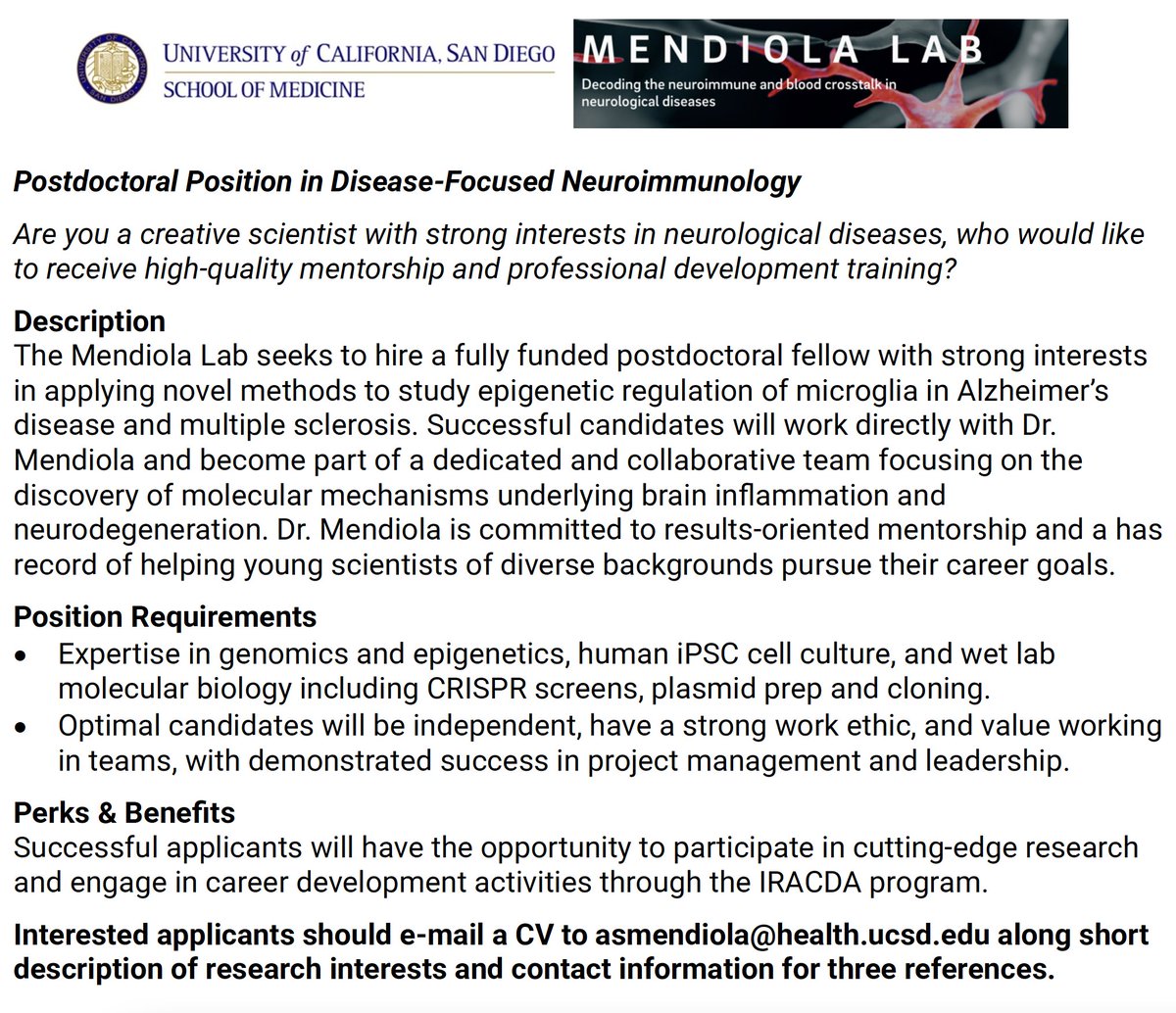 Postdoc opening @UCSanDiego: Apply now to join our neuroimmunology lab! Ideal for new/recent grads w/ passion for innovation and mechanisms of neurological disease. Expertise in Molecular Bio & iPSCs needed. Benefit from dedicated PI mentorship and career development activities.