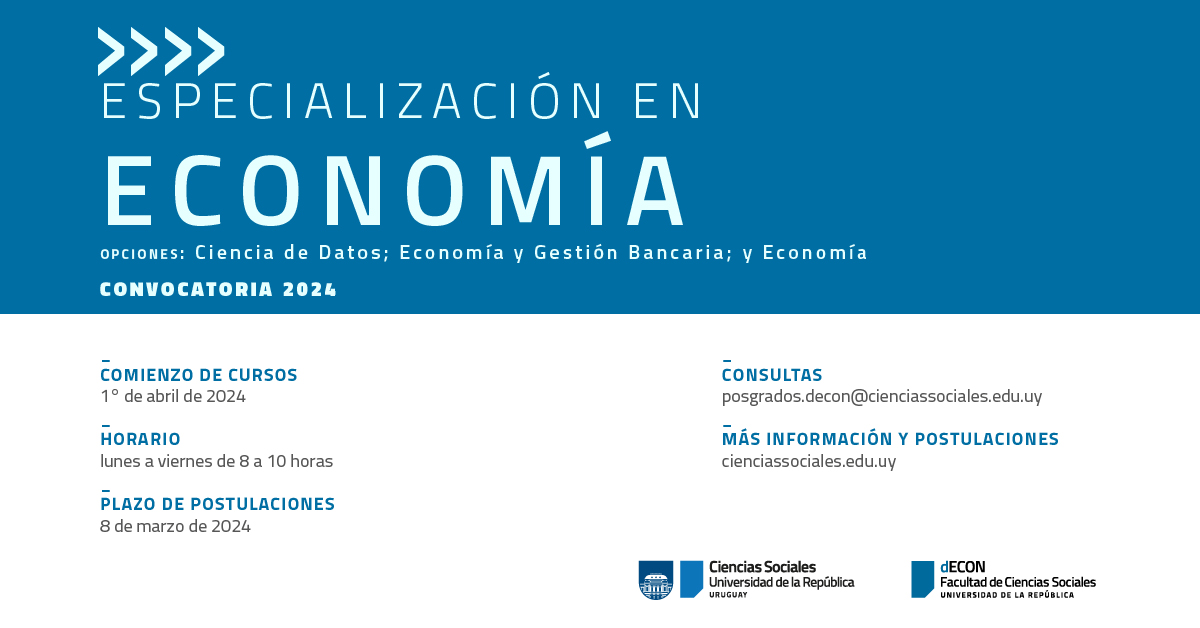 📢 Últimos días para postular a nuestra Especialización en Economía

📋 Posgrado corto, con tres opciones para que elijas la que mejor se adapte a tus intereses: Economía, Gestión Bancaria, Ciencia de Datos

🔗 Más info.: cienciassociales.edu.uy/departamento-d…
