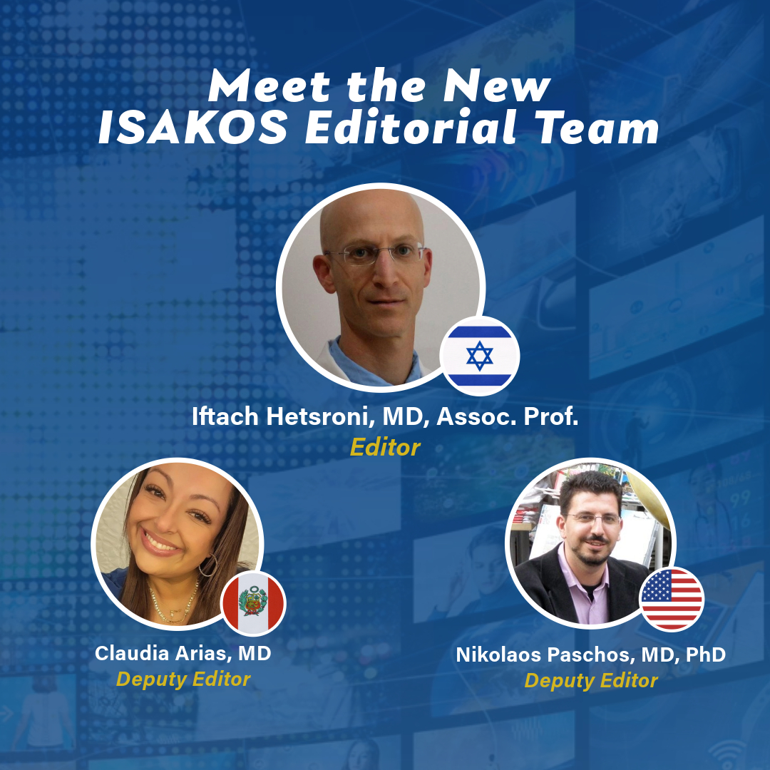🆕 NEW! Iftach Hetsroni (Israel) has been appointed the ISAKOS Newsletter Editor, and Claudia Arias (Peru) and <a href="/NikolaosPaschos/">N.K Paschos, MD, PhD</a> (USA) as Deputy Editors. 

✨Thank you to <a href="/drrmarx/">Robert Marx, MD</a> for his invaluable contributions as our previous Editor and welcome to the new team leaders!