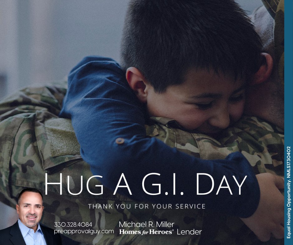 A simple way to show your support…a hug. With either a pat on the back or a hearty handshake, give both past and present G.I.s your appreciation. 

Get Your Hero Rewards®: spr.ly/6011XbaWv

#HomesForHeroesAffiliate
#HugAGIDay #HomesForHeroes
#preapprovalguy
