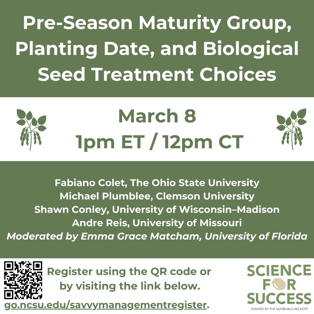 Don't forget to register and join us this Friday for the first installment of the Savvy Full Season Soybean Management webinar series! go.ncsu.edu/savvymanagemen…