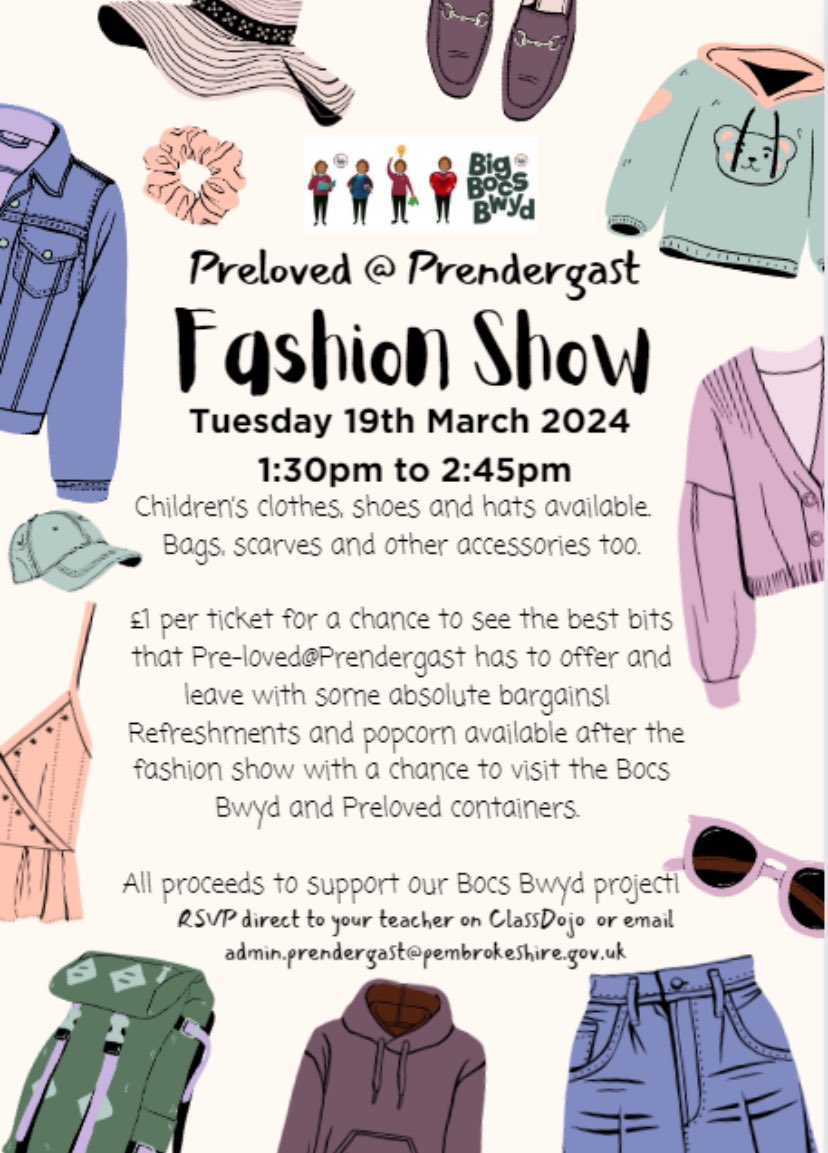 Prendergast2022's tweet photo. A fashion show to show off everything Preloved@Prendergast has to offer. Please get in touch with our class teachers or come and see Mrs Edwards at Bocs Bwyd on Tuesdays to get your tickets or to find out more! #sustainability #prelovedclothes @SchoolsPembs @BigBocsBwyd https://t.co/i9vtIdNR3b