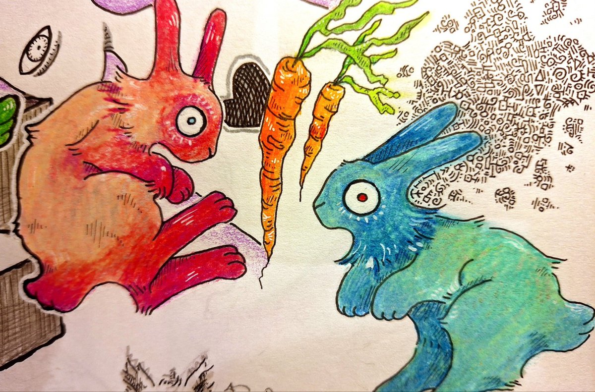 plumbeos's tweet photo. rabbits that are way too aware of their surroundings. be careful approaching them 🐇🌟
#traditionalart #rabbits #crayons https://t.co/NVR3ZNias4