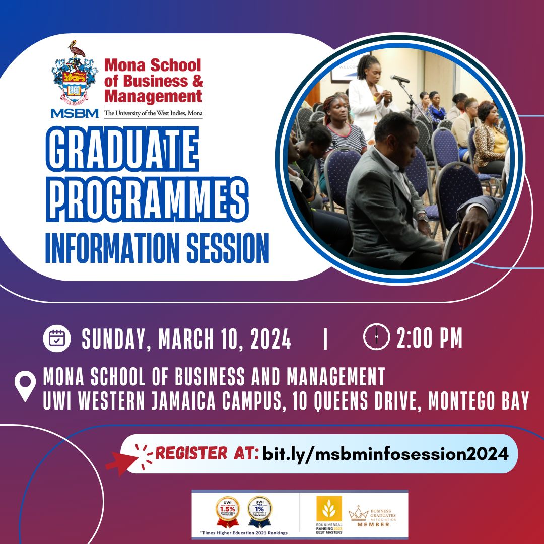 MSBM_Jamaica's tweet image. Do you live and work in Western Jamaica?

Register now for our #GraduateProgrammes Information Session to find out how #MSBM can help you gain the skills and knowledge you need to achieve your career goals.

Visit bit.ly/msbminfosessio… to register today.
