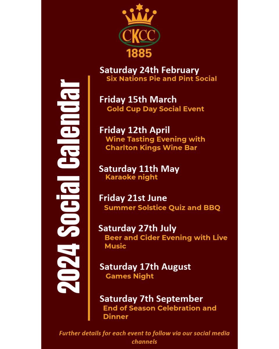 2024 CKCC SOCIAL CALENDAR 

Stay tuned for further event updates as we lead up to the start of the season! #UTK 🏏 🍷 🍻 ☀️
