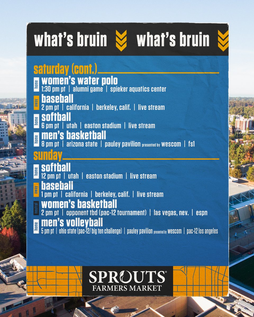 What’s Bruin 📆 🎾 @uclatennis takes on UC Irvine 🏀 @UCLAMBB hosts the Arizona schools 🎾 @uclawtennis hosts the Washington schools 🤽‍♀️ @UCLAWaterPolo plays Biola 🥎 @UCLASoftball opens pac-12 play 🏐 @UCLAMVB hosts Big Ten competition #GoBruins