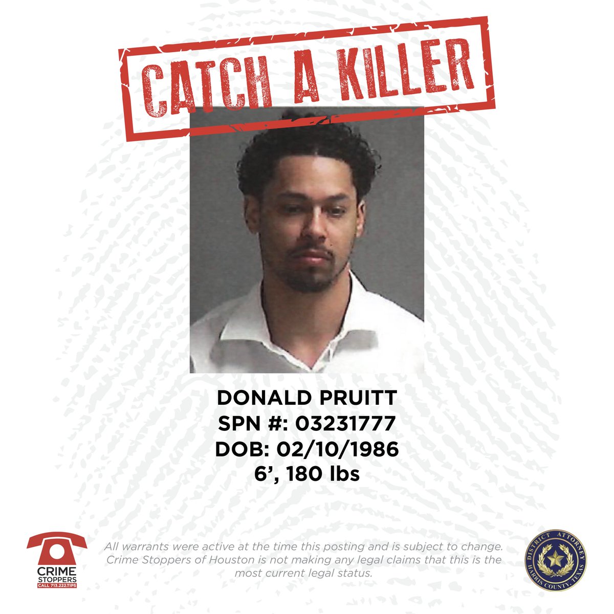 #CatchaKiller: Fugitive Pruitt has been charged w/ the murder of 59-yr old Conrad Hargest Jr., as well as 2 counts of aggravated assault w/ a deadly weapon. The murder occurred on Oct. 4, 2022 in a strip center at 11285 Southwest Fwy. Call 713-222-TIPS. Up to $5,000 cash reward.