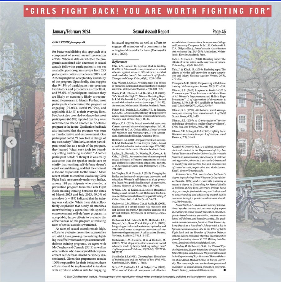 The Sexual Assault Report recently published an article on <a href="/girlsfightback/">Girls Fight Back</a> and Nicole Snell and her colleagues' work on sexual assault prevention! 

Link to the full social media post on Instagram: instagram.com/p/C374cvxPHNB/…