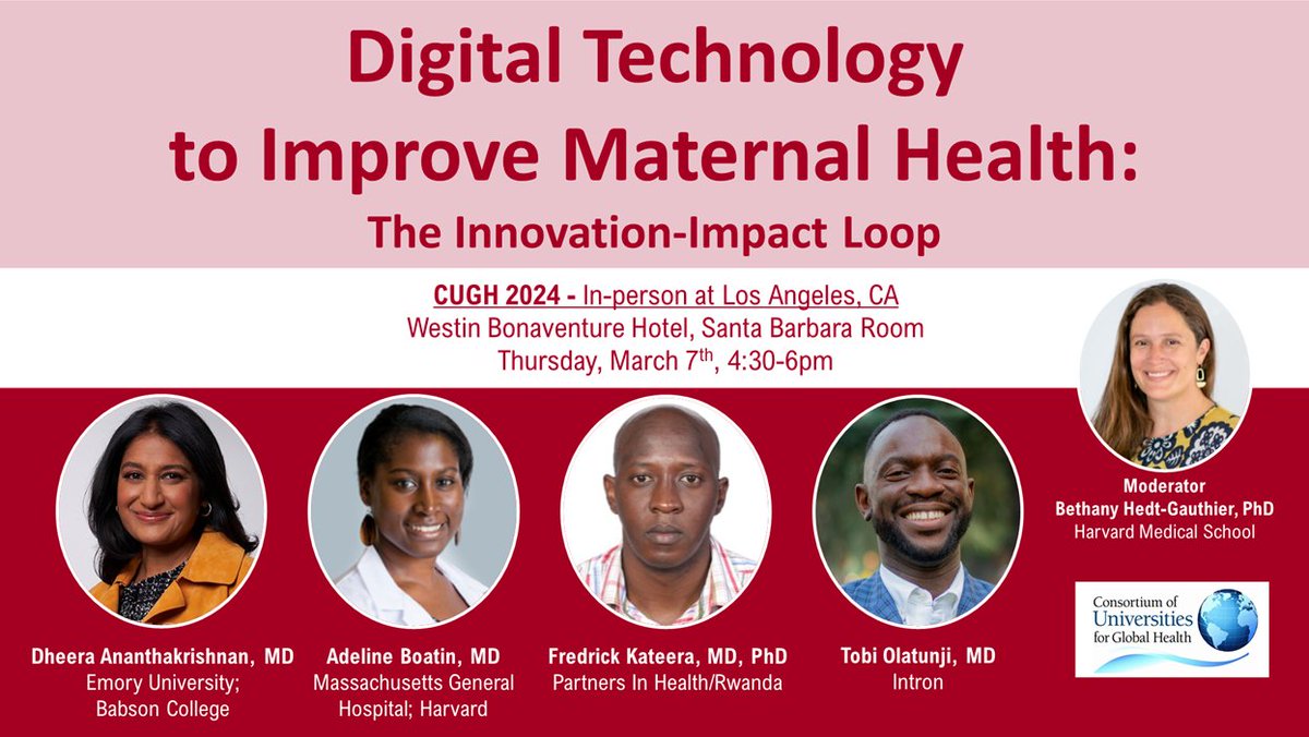 Bethany Hedt-Gauthier, PhD (@bhedtgauthier) on Twitter photo Are you going to CUGH 2024 in LA?
Come say hi - and participate in a conversation on how we can bridge Digital Innovation to Systems Integrated Impact.
*Thursday, 4:30pm*
<a href="/CUGHnews/">CUGH</a> <a href="/GHResearchCore/">Global Health Research Core</a> <a href="/PIH/">Partners In Health</a> <a href="/HarvardPGSSC/">Harvard Global Surgery</a> <a href="/tobiolatunji_/">Tobi Olatunji</a> Are you going to CUGH 2024 in LA?
Come say hi - and participate in a conversation on how we can bridge Digital Innovation to Systems Integrated Impact.
*Thursday, 4:30pm*
<a href="/CUGHnews/">CUGH</a> <a href="/GHResearchCore/">Global Health Research Core</a> <a href="/PIH/">Partners In Health</a> <a href="/HarvardPGSSC/">Harvard Global Surgery</a> <a href="/tobiolatunji_/">Tobi Olatunji</a>