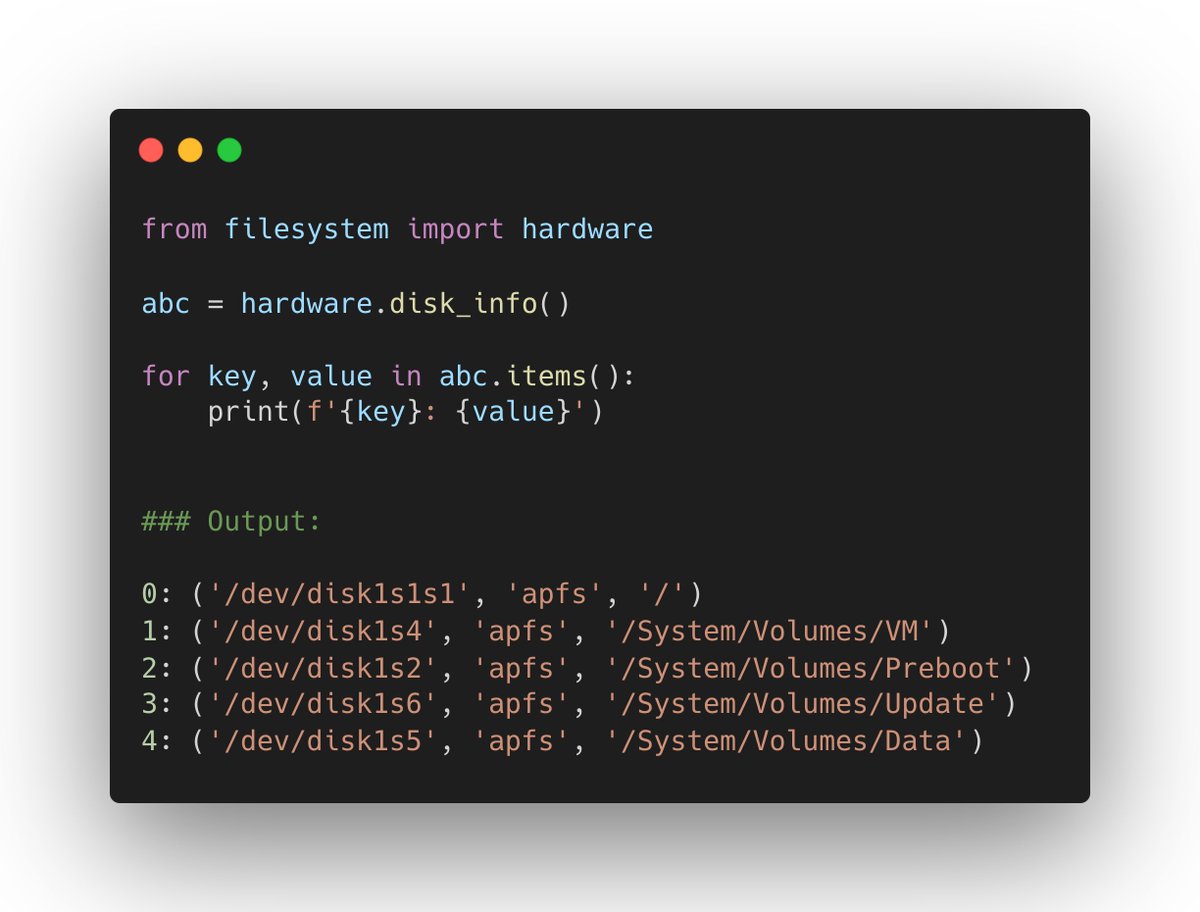 BisnetoDev's tweet image. Cada dispositivo é listado com seu nome de sistema de arquivos e ponto de montagem
#Python #Coding #FileSystem