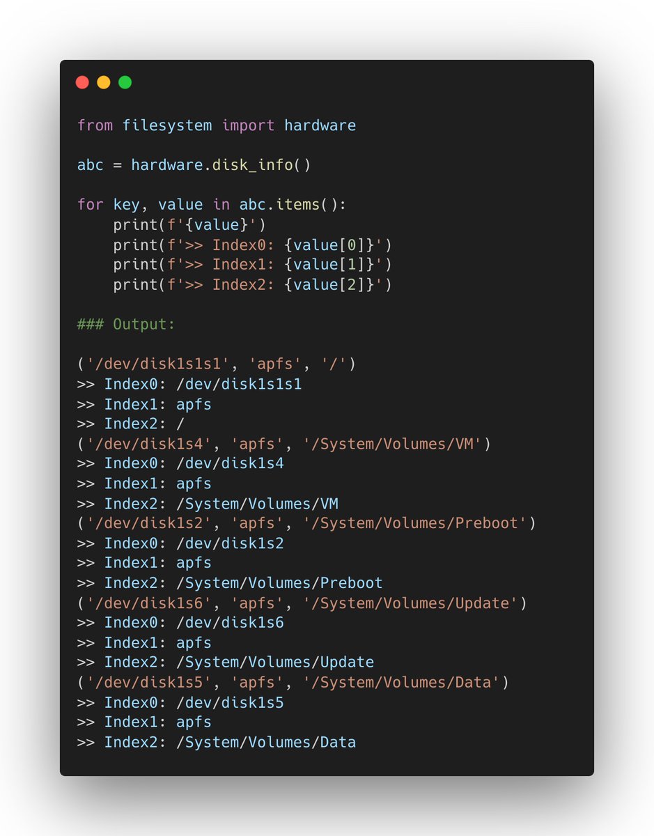 BisnetoDev's tweet image. Cada dispositivo é listado com seu nome de sistema de arquivos e ponto de montagem
#Python #Coding #FileSystem