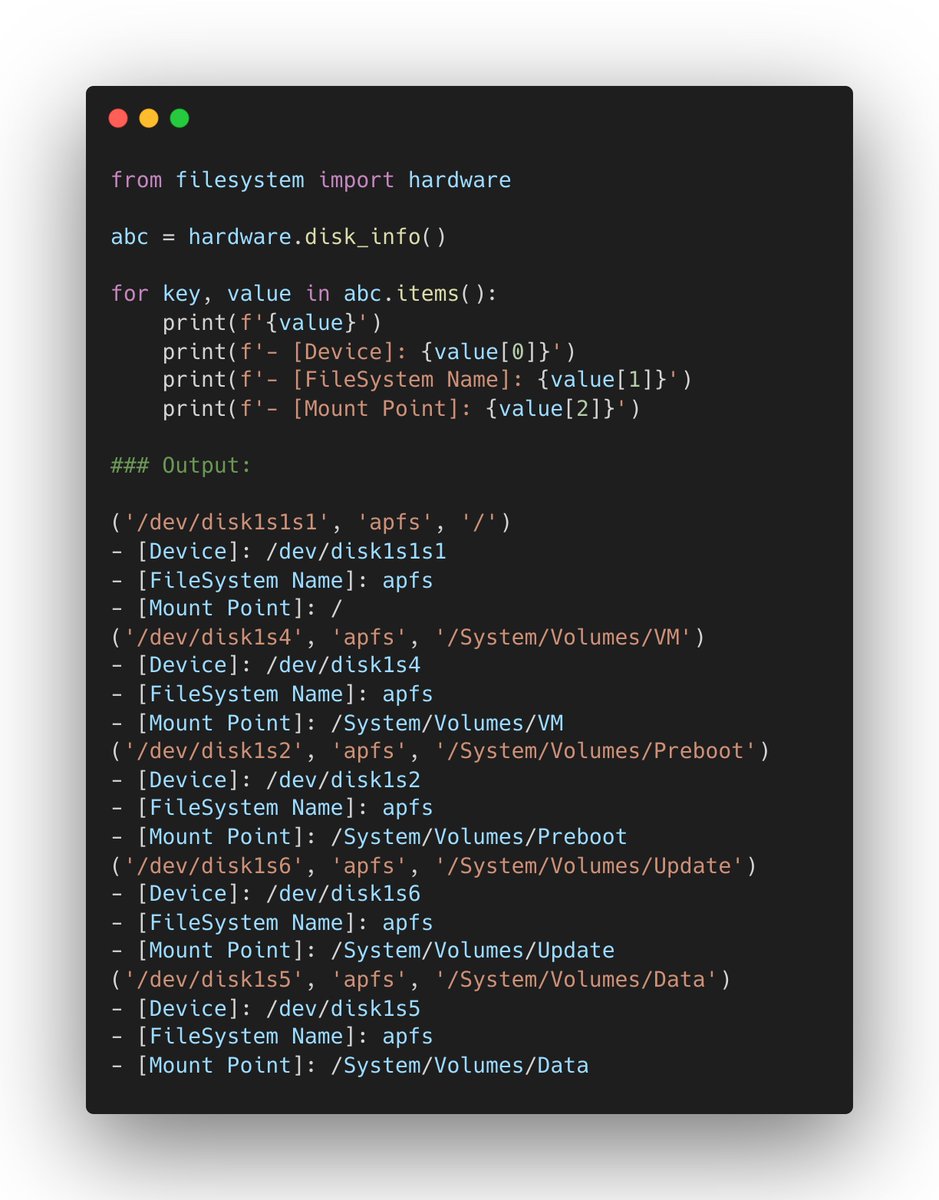 BisnetoDev's tweet image. Cada dispositivo é listado com seu nome de sistema de arquivos e ponto de montagem
#Python #Coding #FileSystem