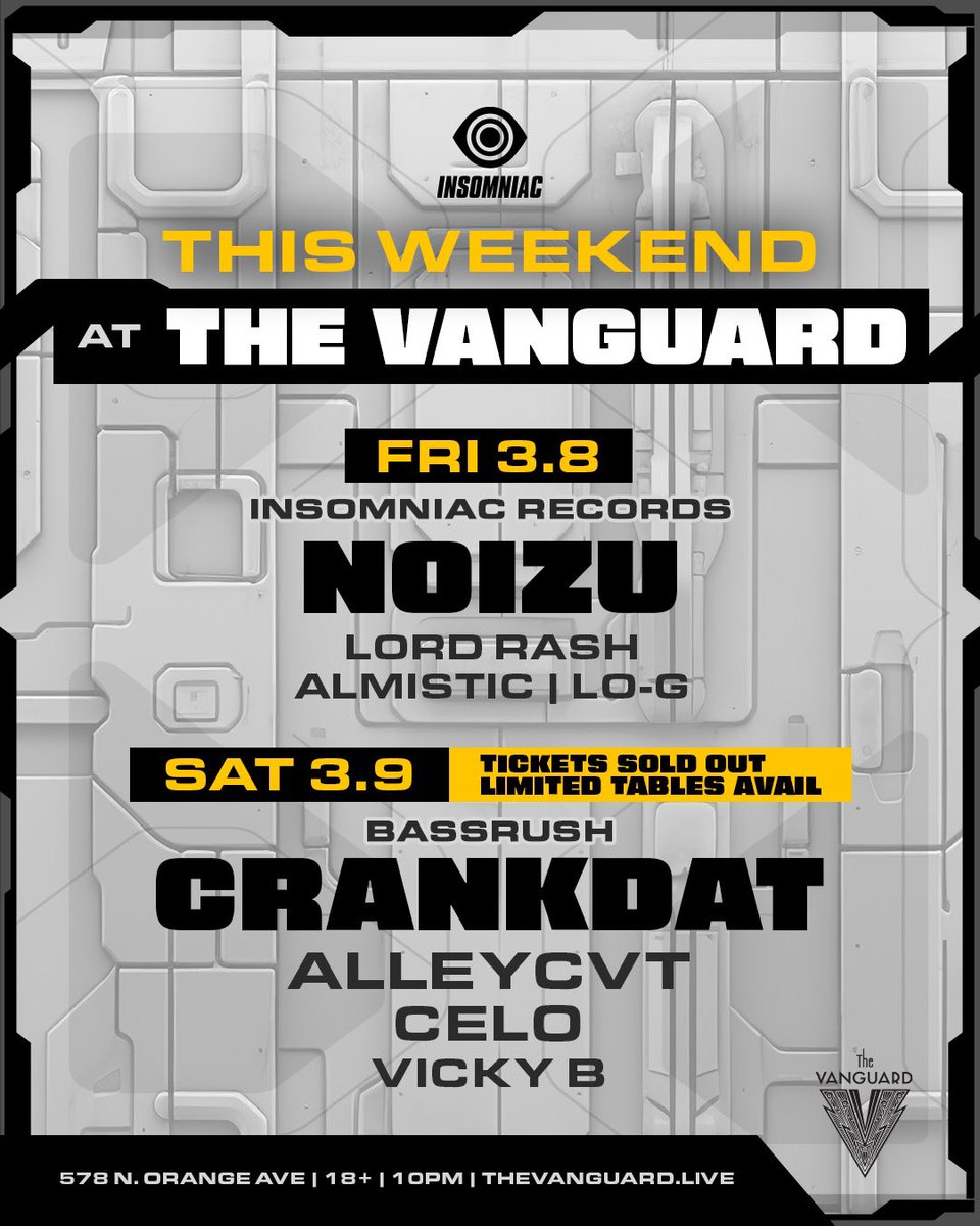 Vanguard407's tweet photo. This weekend at #TheVanguard is lookin’ HOT! 🔥 On Friday, @noizu brings his arsenal of tech house #HeatersOnly 🌶️, then on Saturday, @crankdat brings the slaughter house for a SOLD OUT night of @bassrush chaos. 🙌 Get Tickets and Tables → https://t.co/ZqTyPz0oJi https://t.co/09Fz3xQGTQ