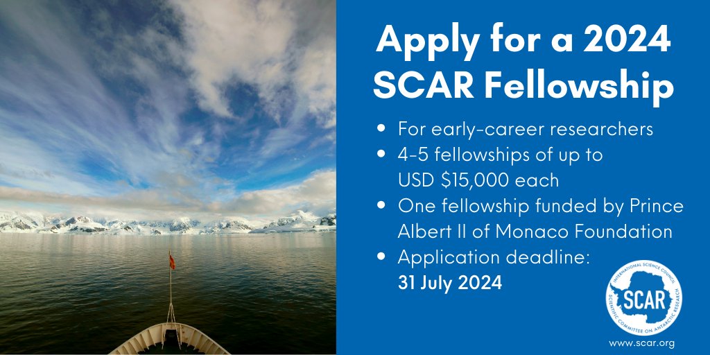 🎖️ Applications are now open for the 2024 SCAR Fellowship Scheme! 🎖️ Are you within 5 years of your PhD & would like to undertake research in another SCAR member country? We'll be offering 4-5 grants of up to USD $15,000 each. Apply by 31 July 2024: ➡️ scar.org/scar-news/fell…