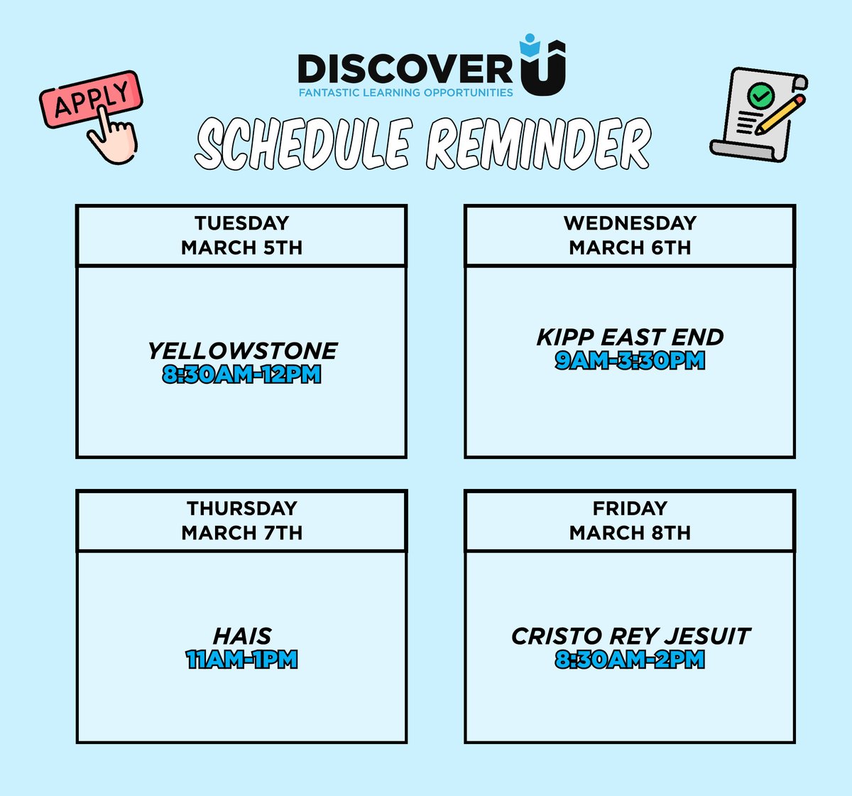 🗓️Our DU Advisors will be at Yellowstone @YellowstoneEdu, KIPP East End @KIPP, HAIS @HAIS_ECHS, and Cristo Rey Jesuit @cristoreyjesuit this week! Stop by for application support if you need it!!💙📝 #ExperienceMatters #DiscoverU #WeeklySchedule