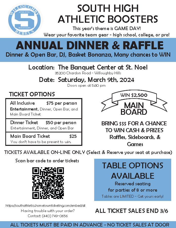 Join us this Saturday 3/9 for the Boosters Dinner and Raffle! Ticket sales end Wednesday 3/6! Buy tickets here -> southathletics.hometownticketing.com/embed/event/37…