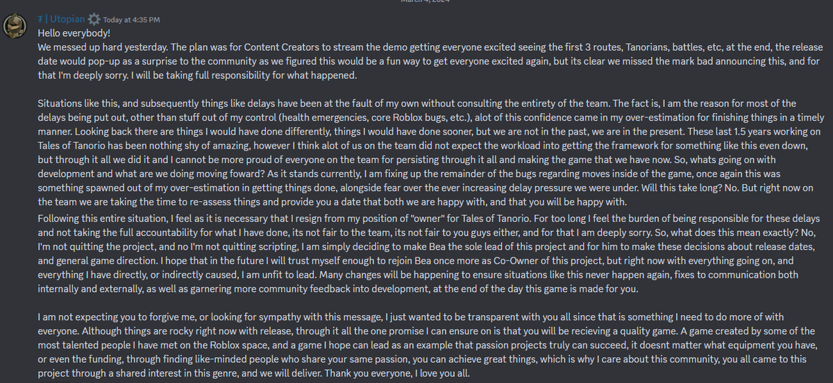 Response from Topia regarding the entire situation with Delays, Controverseys, etc. Announcing his resignation as Co-Owner, however will still be working on the game 100%, just not making anymore decisions regarding release and such, leaving it to bea.