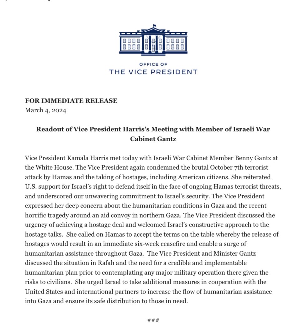 jacobkornbluh's tweet photo. WH: VP Harris, in meeting with war cabinet minister Benny Gantz, condemned the Oct. 7 attack by Hamas, reiterated U.S. support for Israel’s right to defend itself,  and “welcomed Israel’s constructive approach to the hostage talks.” https://t.co/pTi4PtdhlP