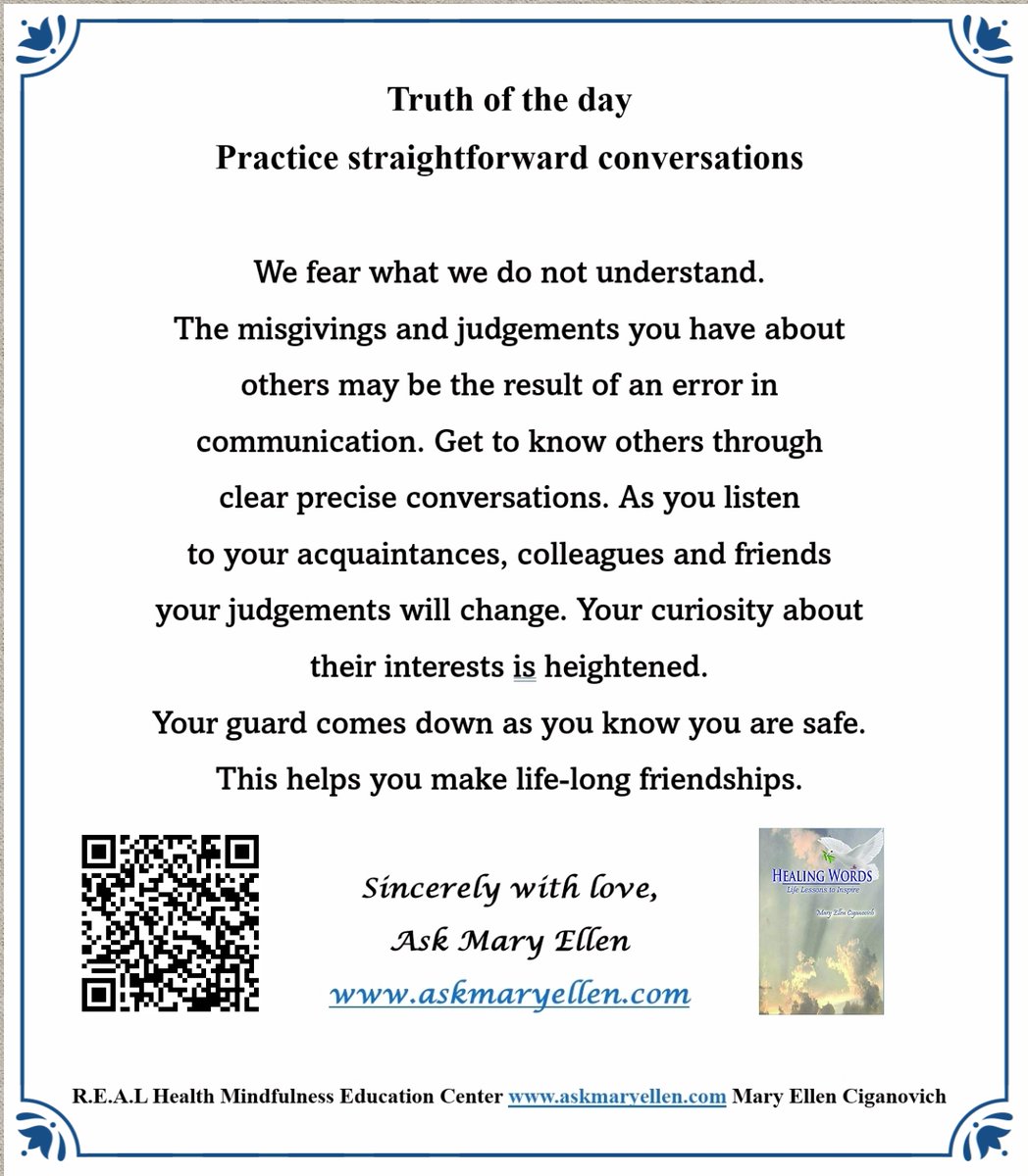askmaryellen's tweet photo. Truth of the day: Practice straightforward conversations. #askmaryellen #communicationworkshops #Mindfulnesscoach #truthoftheday #communicationisimportant https://t.co/diYB6RHE4H   Healing Words https://t.co/n7lOmiteRP https://t.co/h7DYzYIr6v