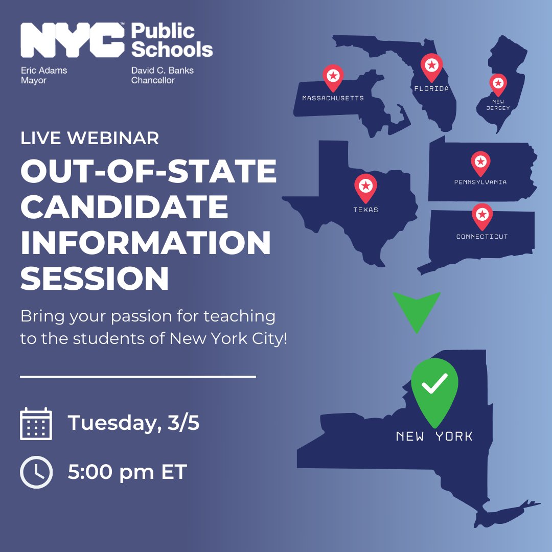 iteachnyc's tweet image. ❓Are you a teacher certified — or on track to be certified — in a state or territory outside New York?

🗓 Join us tomorrow, Tuesday, 3/5 at 5:00 pm ET to learn how you can bring your passion for teaching to the students of NYC. Register now ➡️ bit.ly/oosweb-mar5-x