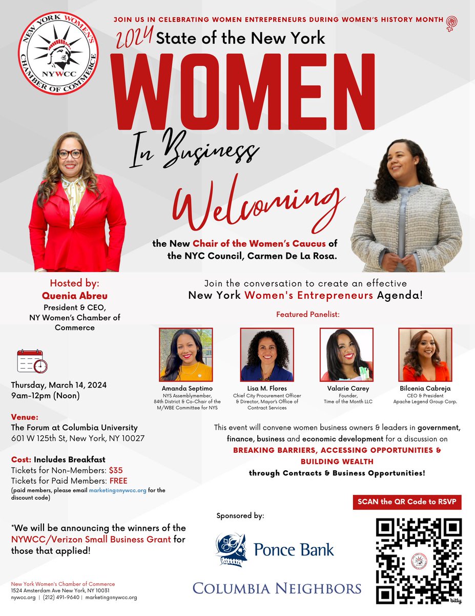 🌟Celebrate #WomenHistoryMonth on March 14th at @Columbia for the State of NY Women in Business. Welcoming Carmen De La Rosa as Women's Caucus Chair. Sponsored by Ponce Bank, join for networking, discussions on breaking barriers, and accessing opportunities.