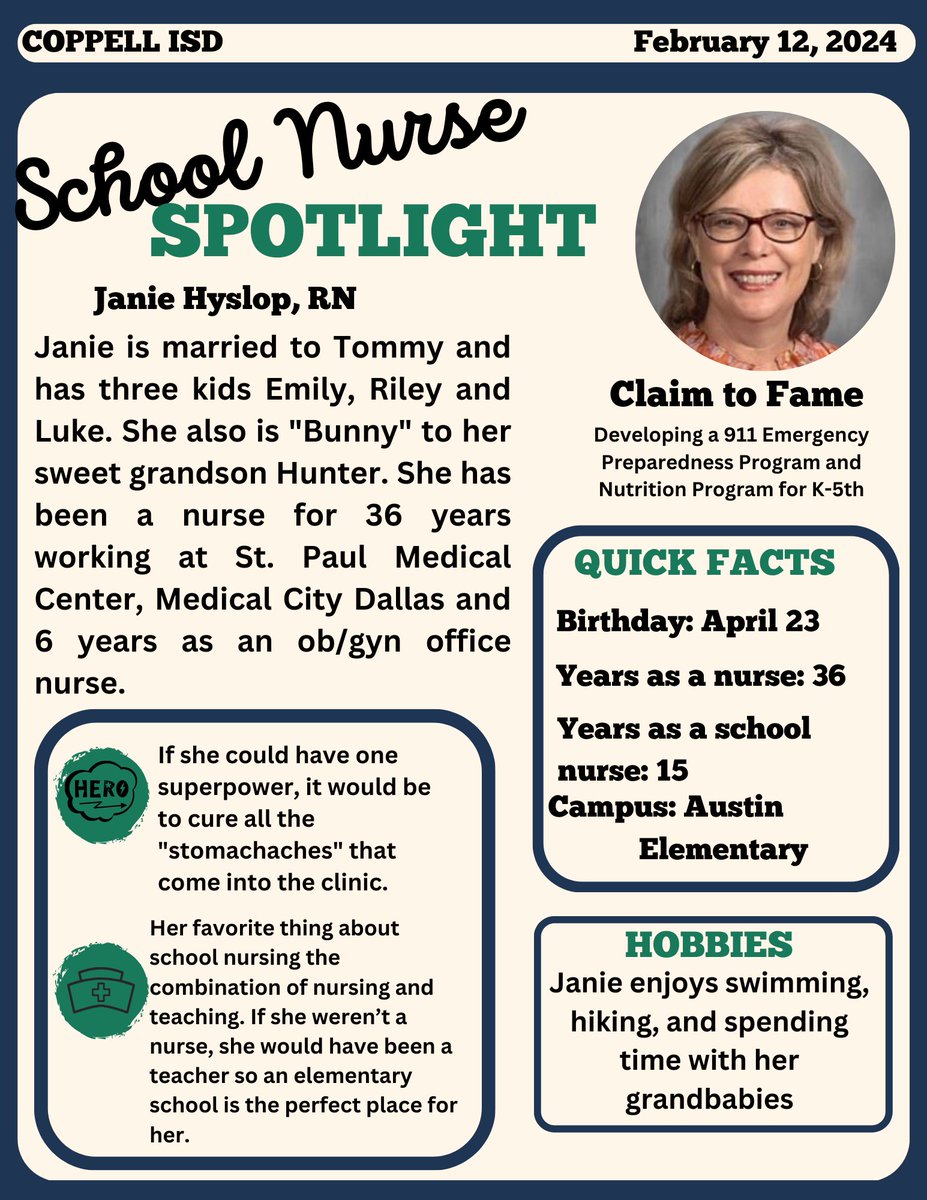 CISDHealth's tweet photo. Last week's School Nurse Spotlight showcases Janie Hyslop at Austin Elementary! #CISDmissionpossible #CISDHealthServices @AustinElem https://t.co/5S6upRbmVZ