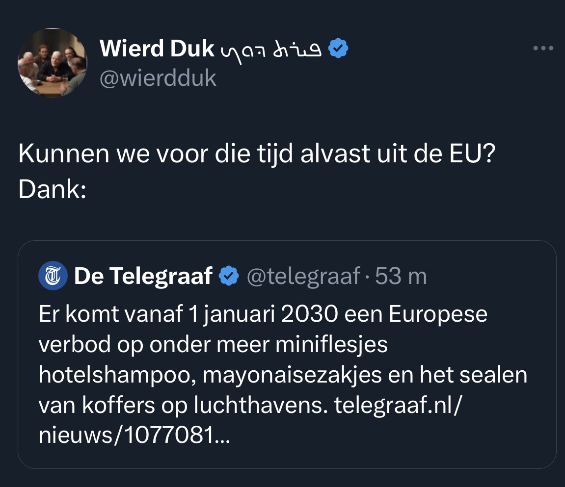 We moeten uit de EU, anders kunnen we straks geen miniflesjes hotelshampoo meer jatten.